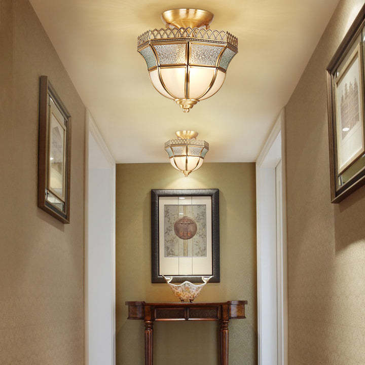 Schoolhouse Aisle Close to Ceiling Lighting Vintage Glass Brass Semi Flush Light