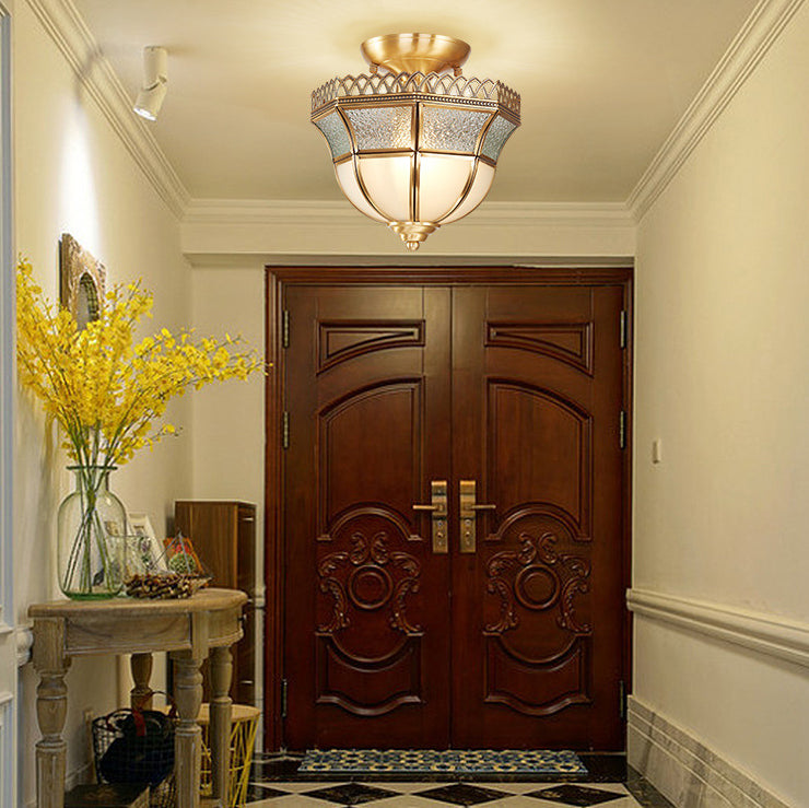 Schoolhouse Aisle Close to Ceiling Lighting Vintage Glass Brass Semi Flush Light