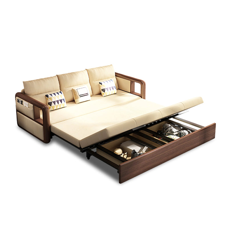 Modernism Brown Fabric Sofa Bed Solid Wood Sofa with Storage