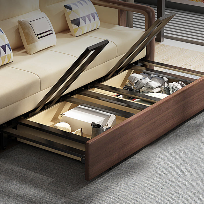 Modernism Brown Fabric Sofa Bed Solid Wood Sofa with Storage
