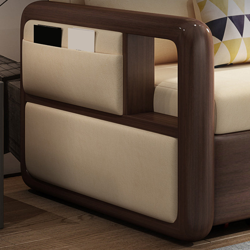 Modernism Brown Fabric Sofa Bed Solid Wood Sofa with Storage