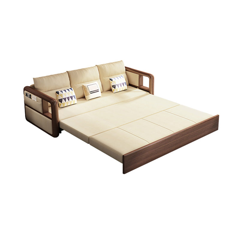 Modernism Brown Fabric Sofa Bed Solid Wood Sofa with Storage