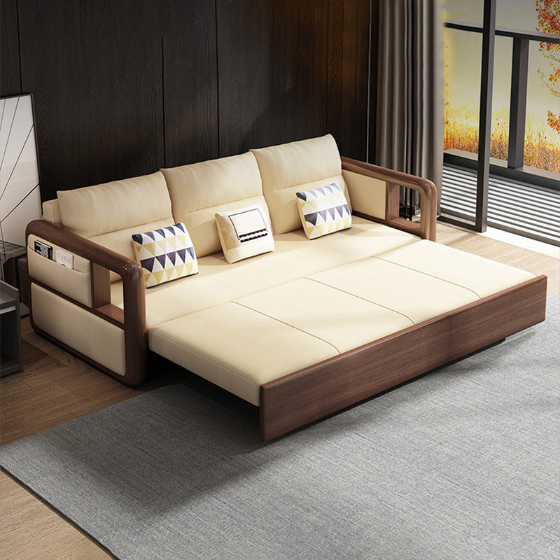 Modernism Brown Fabric Sofa Bed Solid Wood Sofa with Storage
