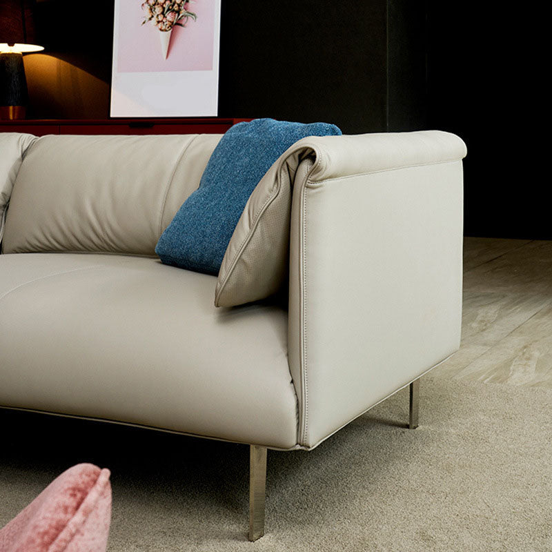 Modernism Leather Sofa in Khaki Tuxedo Arm Sofa with 3 Pillows