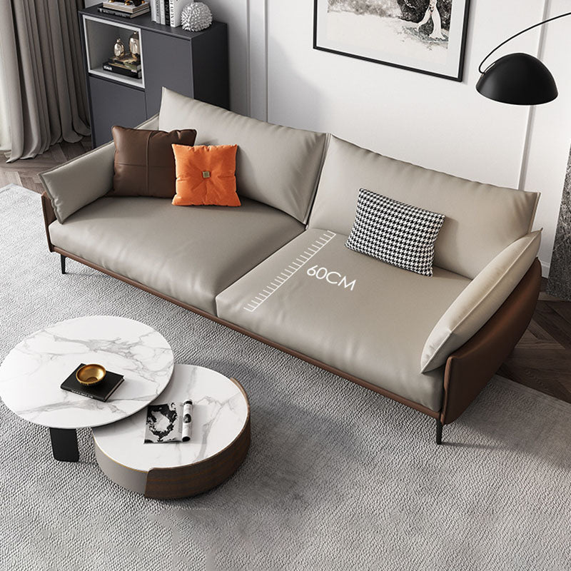 Pillow Top Arm Sofa Modern Leather Sofa in Brown with Metal Legs