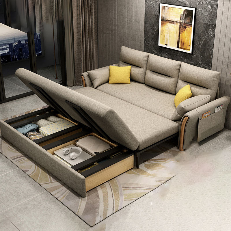 Convertible Contemporary Flared Arm Linen Sofa Bed with Storage in Brone