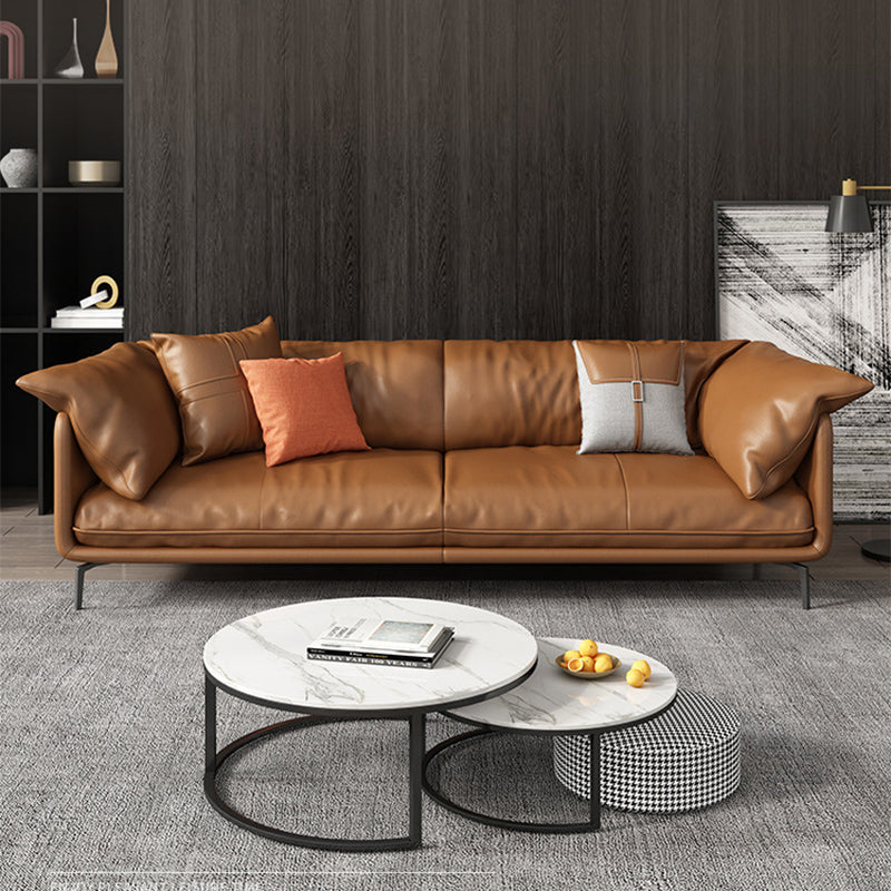 Pillow Top Arm Sofa Faux Leather Down Fill Cushions Sofa in Orange