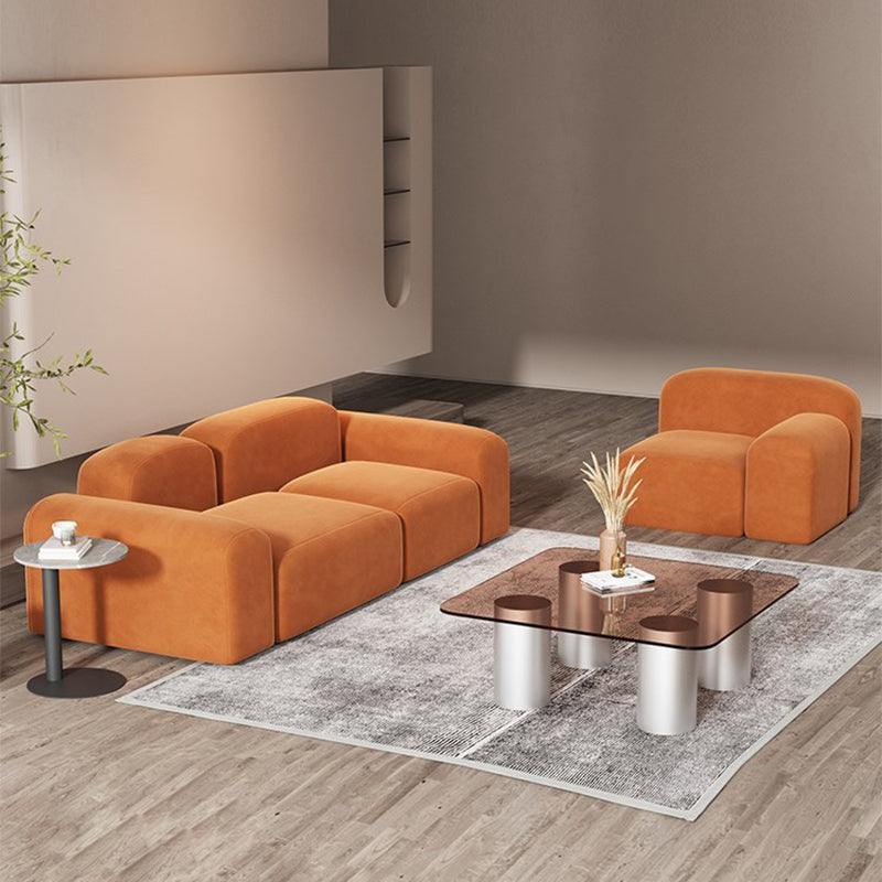 Square Arm Sofa Contemporary Simple Velvet Seating in Orange