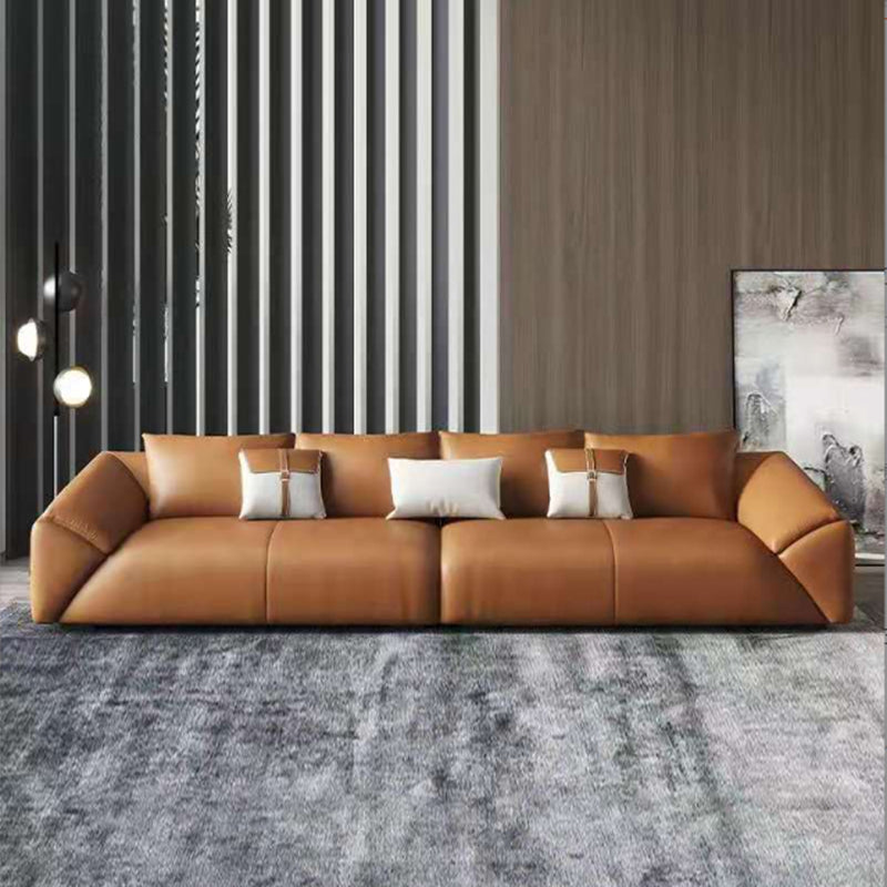 Orange Faux Leather Sofa Modern Pillow Top Arm Sofa with Pillows