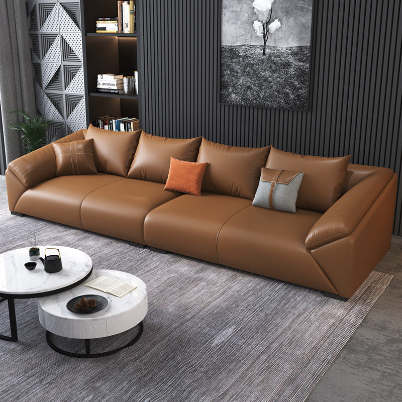 Orange Faux Leather Sofa Modern Pillow Top Arm Sofa with Pillows