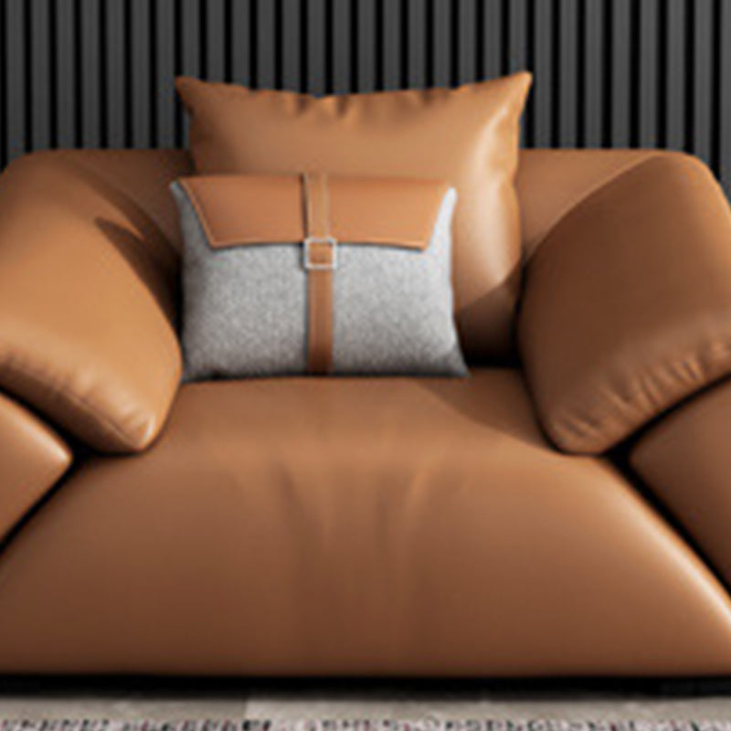 Orange Faux Leather Sofa Modern Pillow Top Arm Sofa with Pillows
