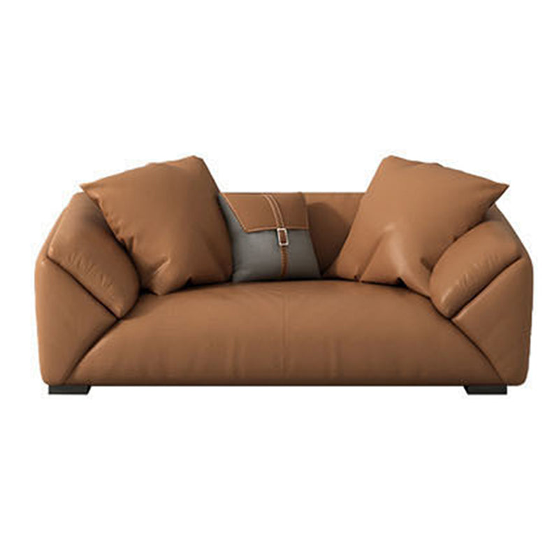 Orange Faux Leather Sofa Modern Pillow Top Arm Sofa with Pillows