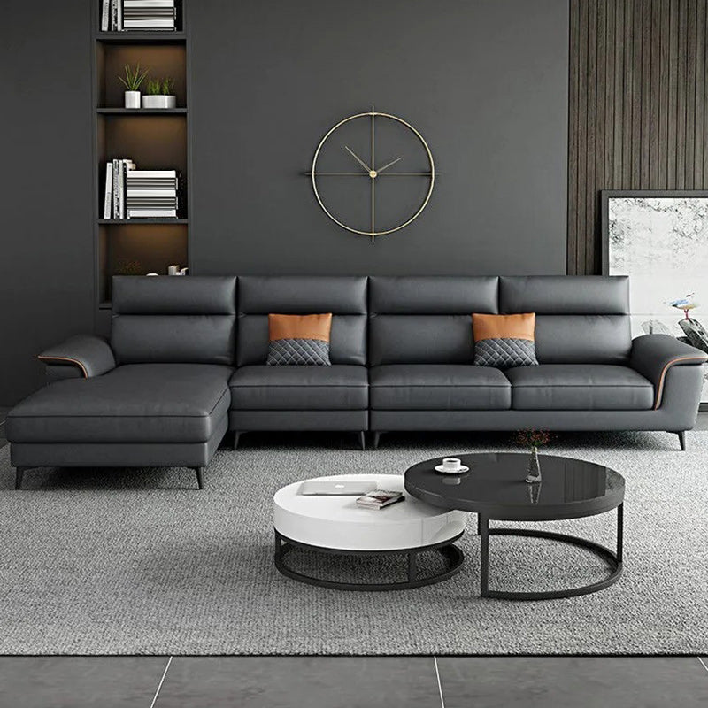 Modern 4-Seater Pillow Top Arm Sofa Faux Leather Sofa with Chaise - 129.9" W