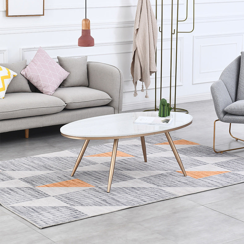 White Oval Stone Top Coffee Table with 4 Iron Legs Single Coffee Table