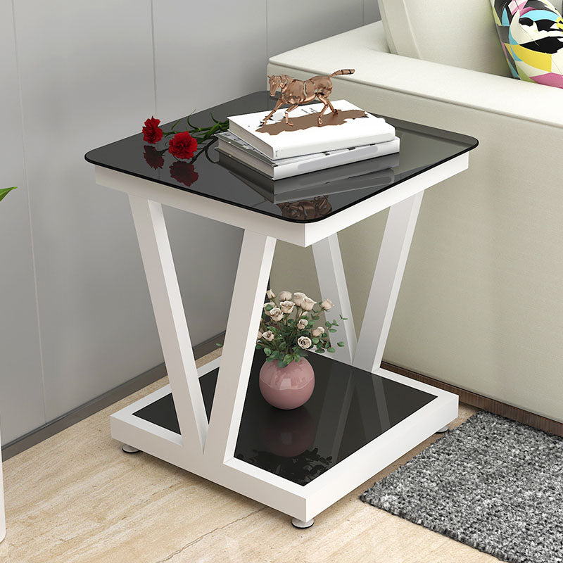 Square Glass Top Side Table 23.6" Tall Steel Trestle Base End Table with Shelf
