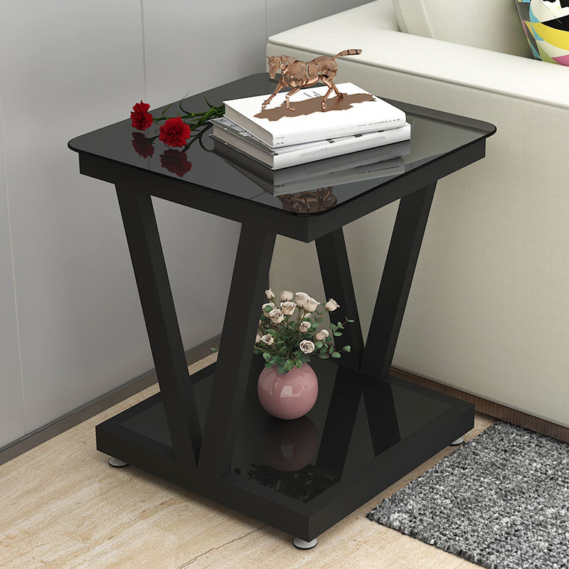 Square Glass Top Side Table 23.6" Tall Steel Trestle Base End Table with Shelf