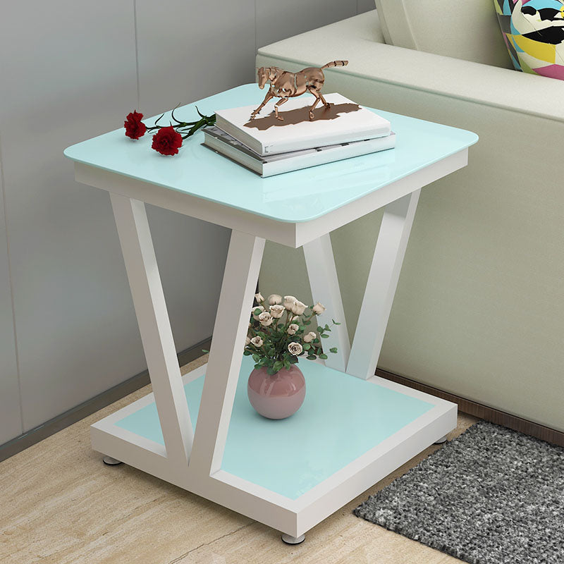 Square Glass Top Side Table 23.6" Tall Steel Trestle Base End Table with Shelf