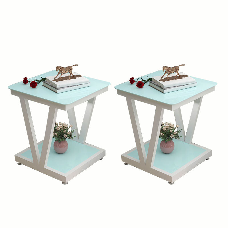 Square Glass Top Side Table 23.6" Tall Steel Trestle Base End Table with Shelf