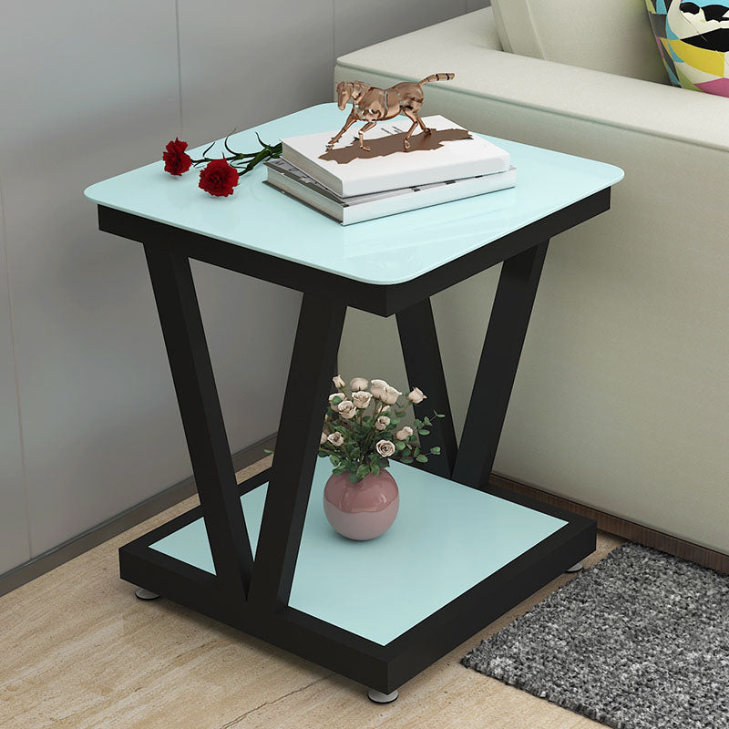 Square Glass Top Side Table 23.6" Tall Steel Trestle Base End Table with Shelf