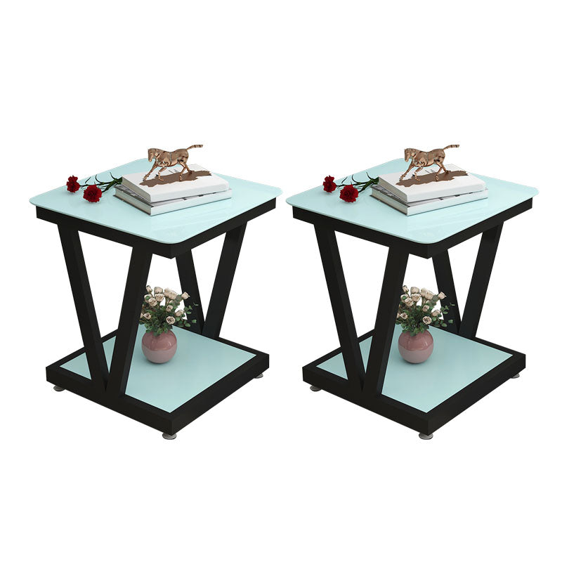 Square Glass Top Side Table 23.6" Tall Steel Trestle Base End Table with Shelf