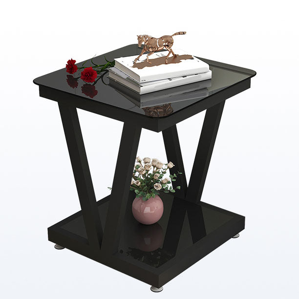 Square Glass Top Side Table 23.6" Tall Steel Trestle Base End Table with Shelf