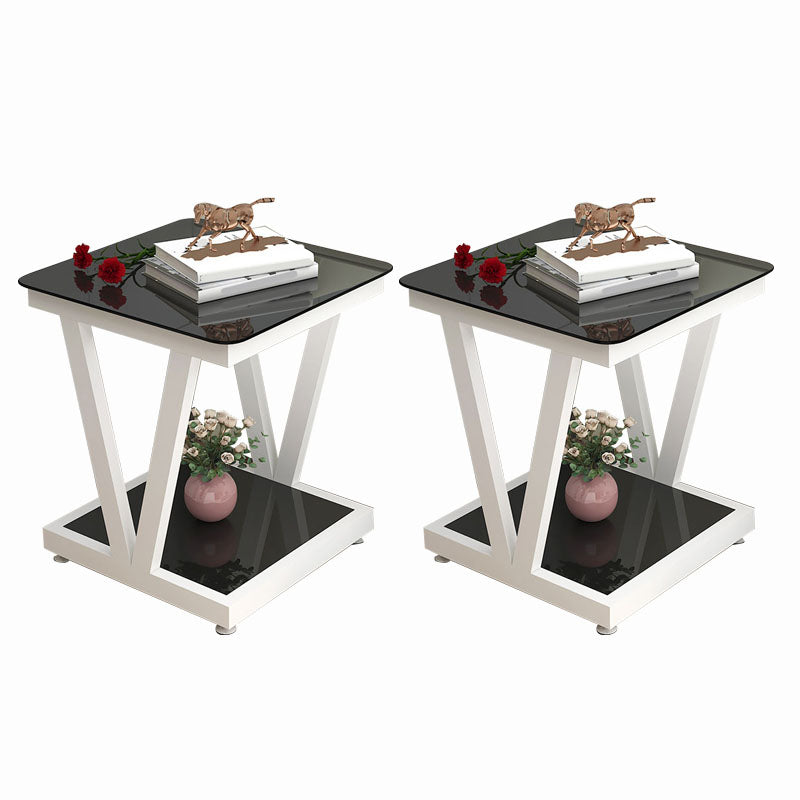 Square Glass Top Side Table 23.6" Tall Steel Trestle Base End Table with Shelf