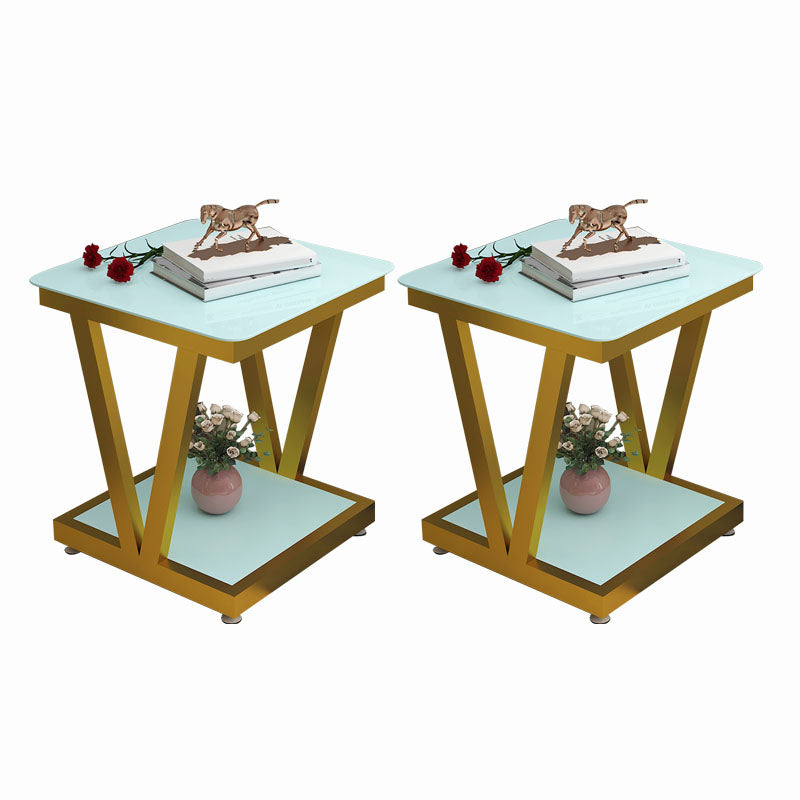 Square Glass Top Side Table 23.6" Tall Steel Trestle Base End Table with Shelf