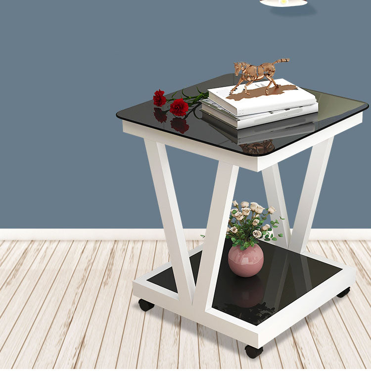 Square Glass Top Side Table 23.6" Tall Steel Trestle Base End Table with Shelf