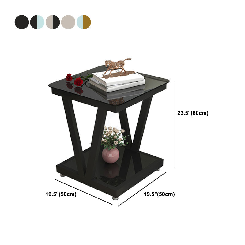 Square Glass Top Side Table 23.6" Tall Steel Trestle Base End Table with Shelf