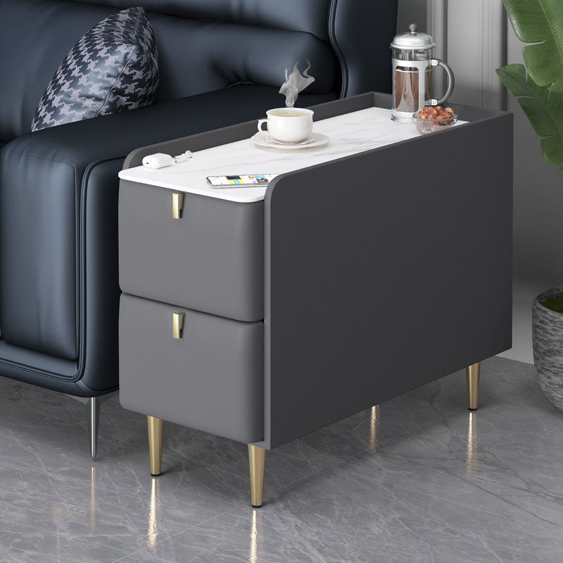 Modern Rectangle Slate Top Side Table 23.6" Tall Metal 4 Legs End Table with 2 Drawers