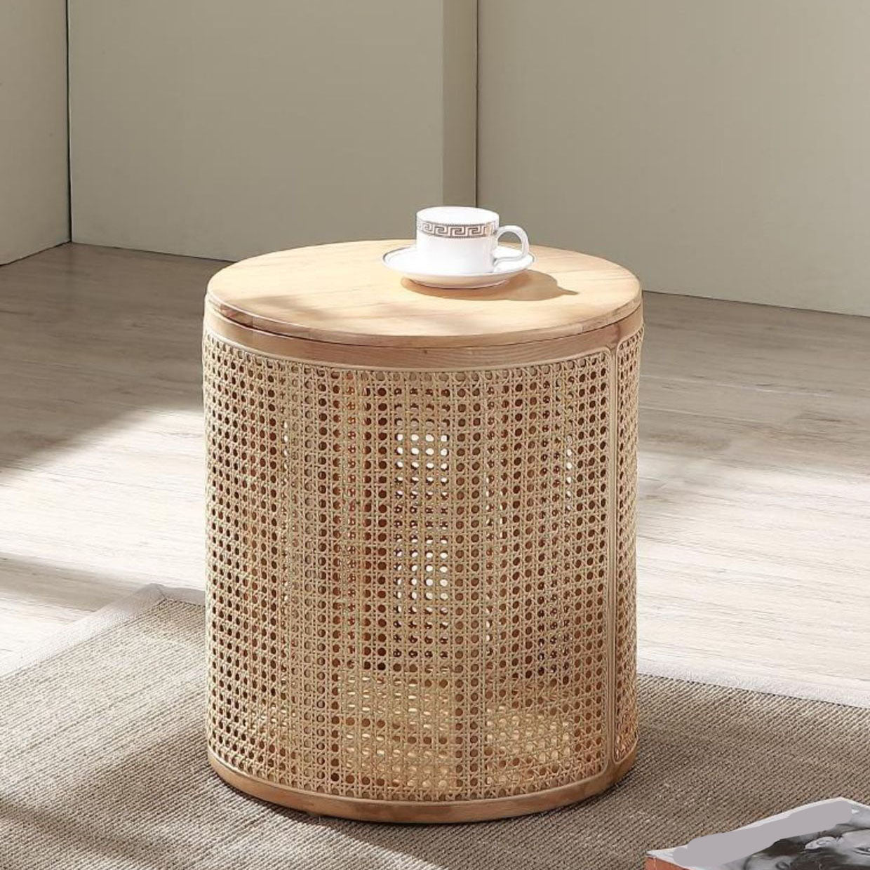 17.7" Tall Solid Wood Round Top Side Table Drum Base End Table with Storage