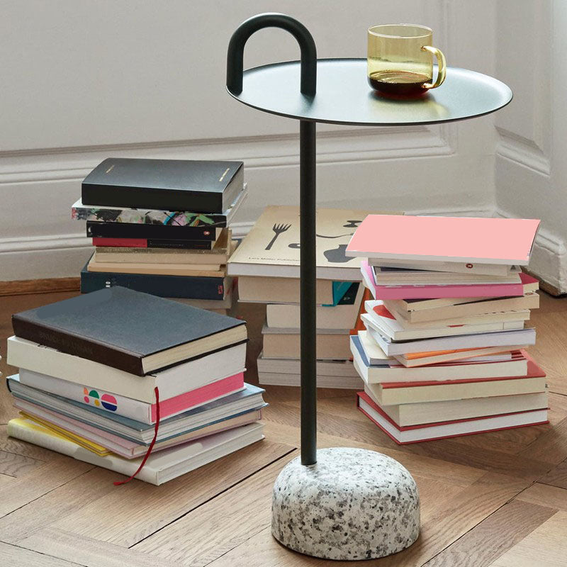 27.75" Tall Steel Round Top Side Table Stone Pedestal End Table