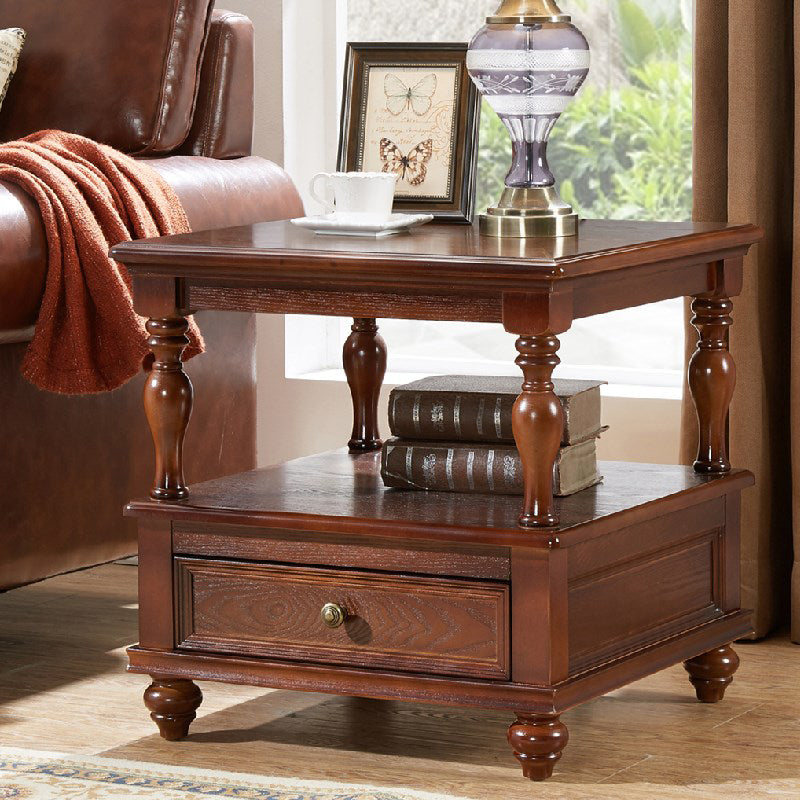 23.6" Tall Square Wood Top Side Table Brown 4 Legs End Table with Storage