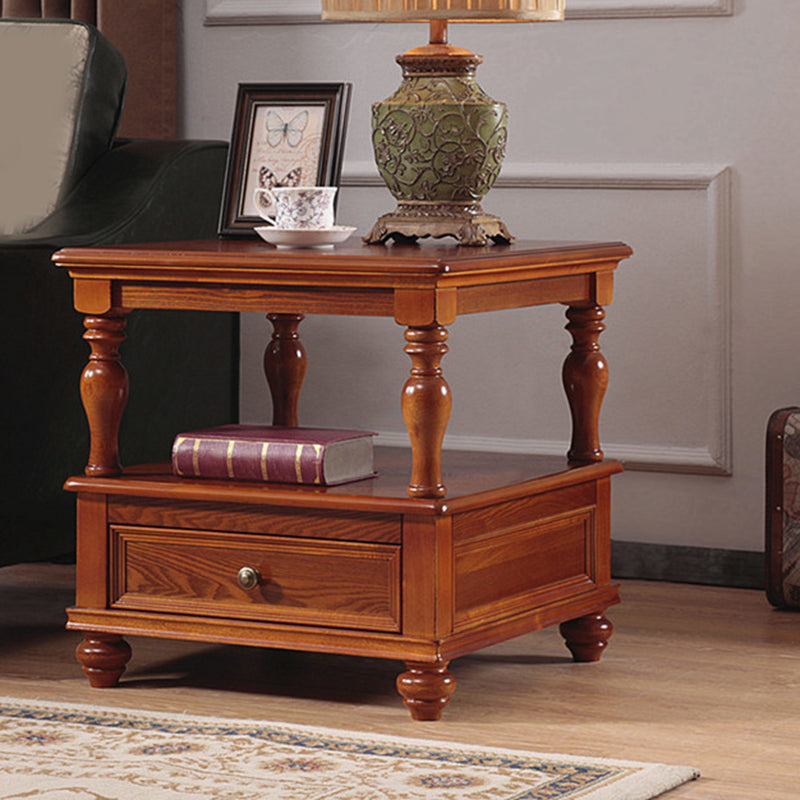 23.6" Tall Square Wood Top Side Table Brown 4 Legs End Table with Storage