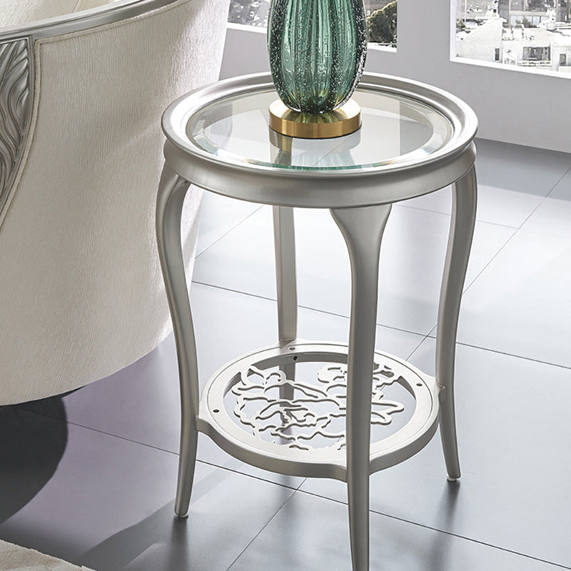 25.6" Tall Round Glass Top Side Table Wood 4 Legs End Table with Shelf