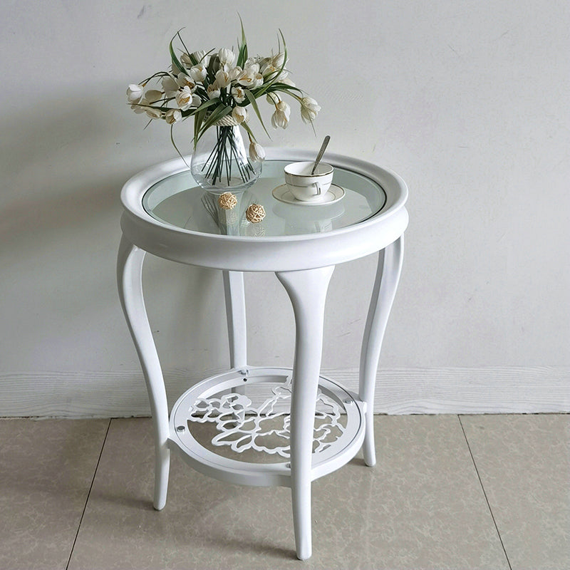 25.6" Tall Round Glass Top Side Table Wood 4 Legs End Table with Shelf