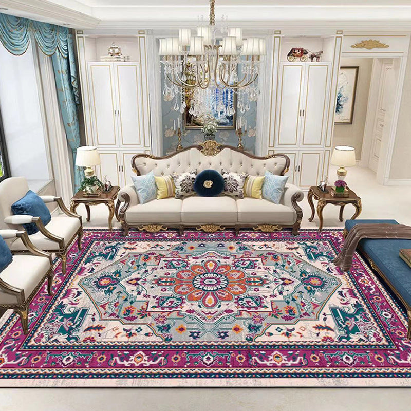 Traditional Medallion Print Rug Polyester Carpet Non-Slip Backing Area Rug for Living Room