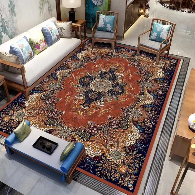 Traditional Medallion Print Rug Polyester Carpet Non-Slip Backing Area Rug for Living Room