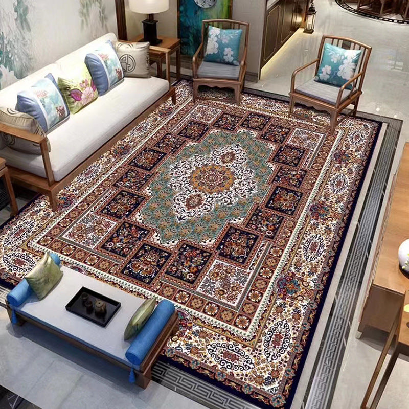 Traditional Medallion Print Rug Polyester Carpet Non-Slip Backing Area Rug for Living Room