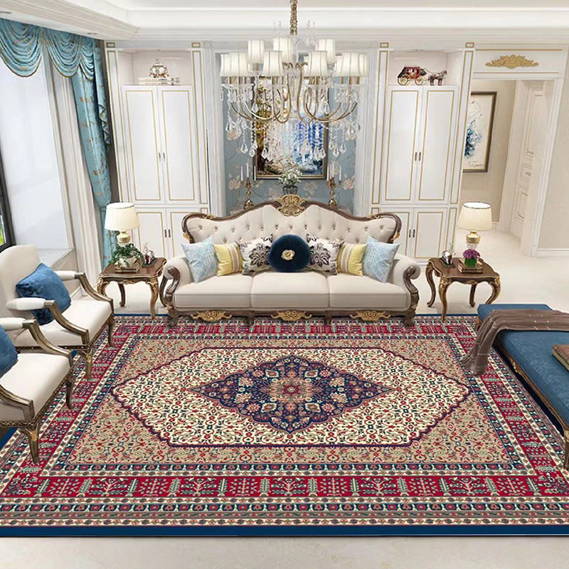 Traditional Medallion Print Rug Polyester Carpet Non-Slip Backing Area Rug for Living Room