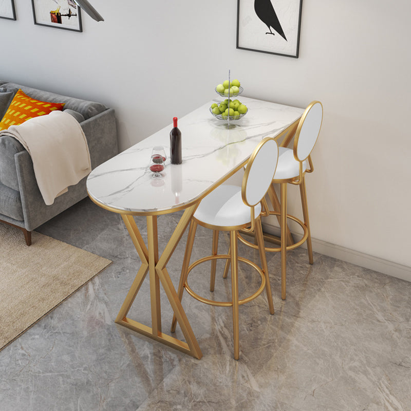 Glam Bistro Table with Gold Metal Base Glossy White Stone Top Bar Table