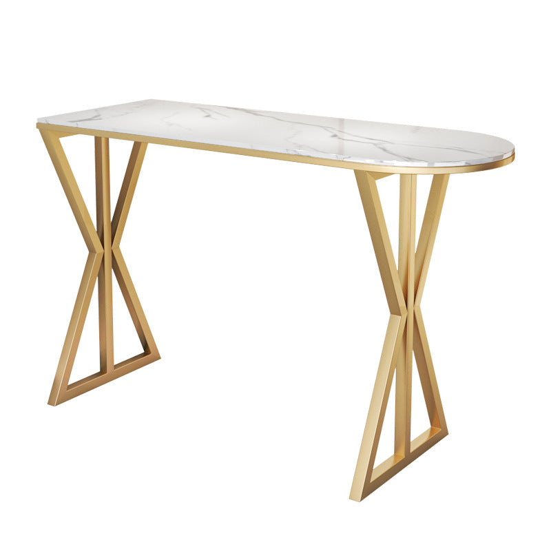 Glam Bistro Table with Gold Metal Base Glossy White Stone Top Bar Table