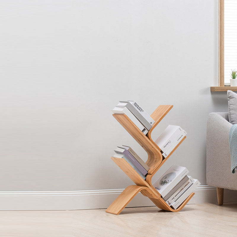 Modern Bamboo Bookshelf Geometric Vertical Open Shelf Bookcase