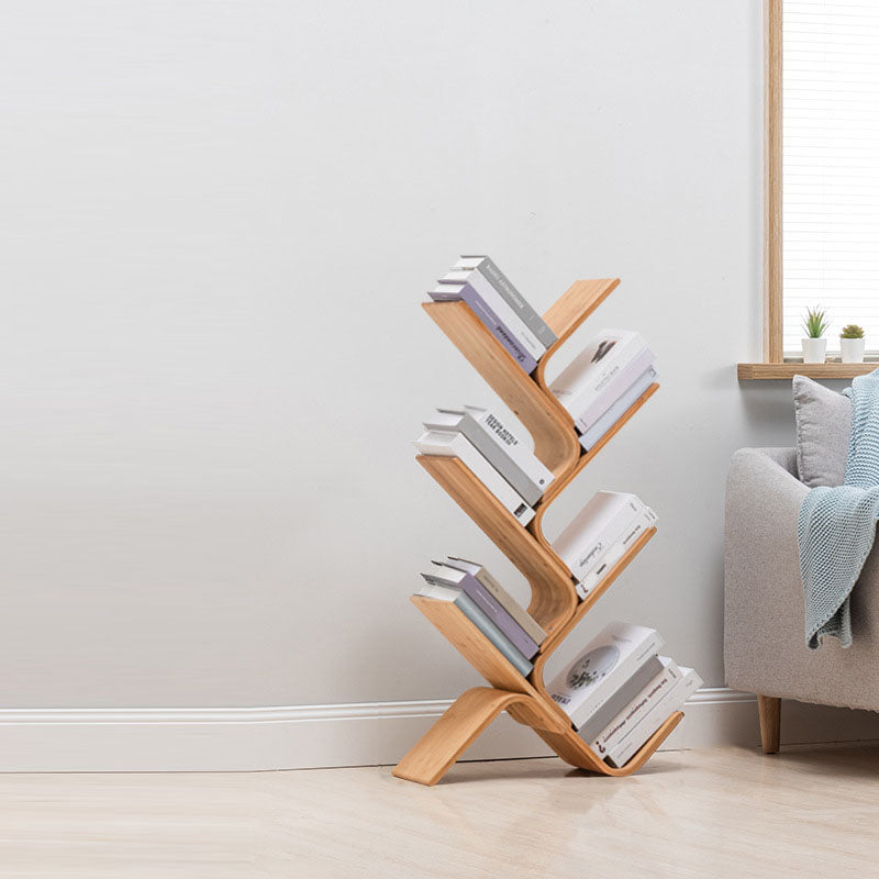 Modern Bamboo Bookshelf Geometric Vertical Open Shelf Bookcase
