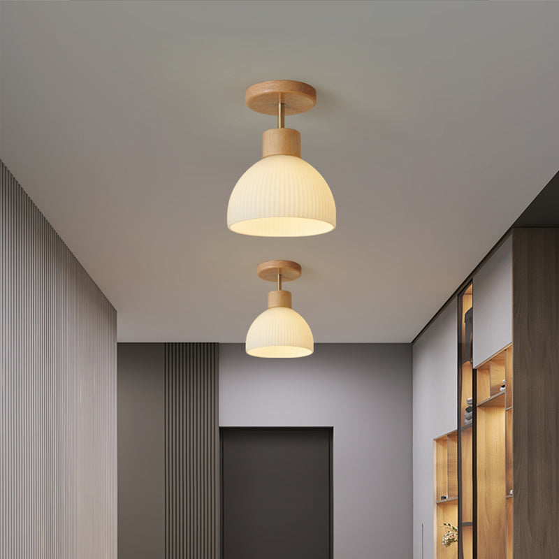 Dome Shape Ceiling Lamp Modern Wood 1 Light Flush Mount with Glass Lampshade for Aisle