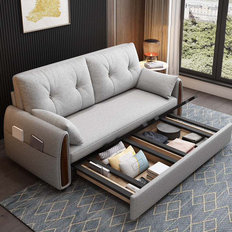 Linen Square Sofa Bed Slipcovered Tufted Back Sofa with Storage in Grey