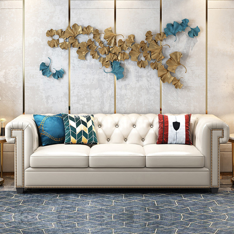 Tufted Rolled Arm Chesterfield Sofa Faux Leather Beige Cushions Sofa