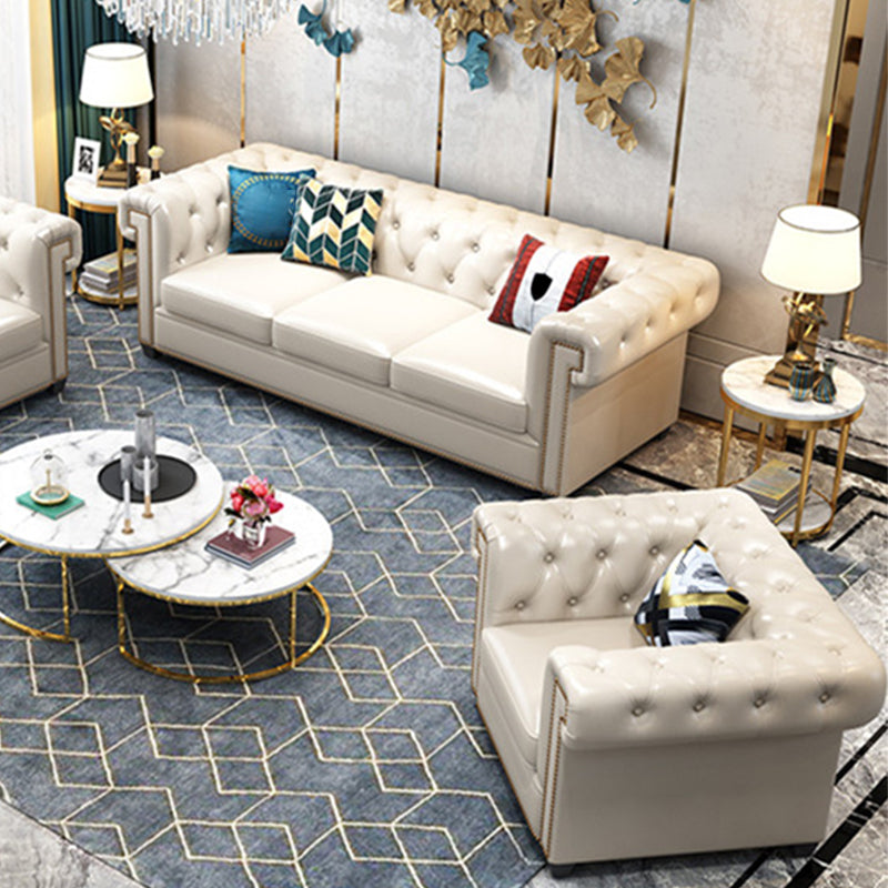 Tufted Rolled Arm Chesterfield Sofa Faux Leather Beige Cushions Sofa