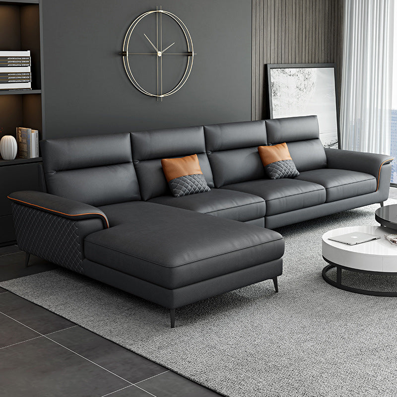 Modern Pillowed Back Faux Leather Sectionals,4-Cushion Sectional sofa, , Dark Grey