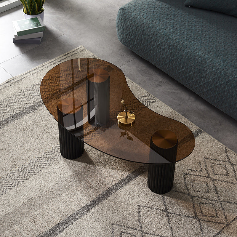 Free Form Glass Top Coffee Table with 3 Steel Legs Single Coffee Table